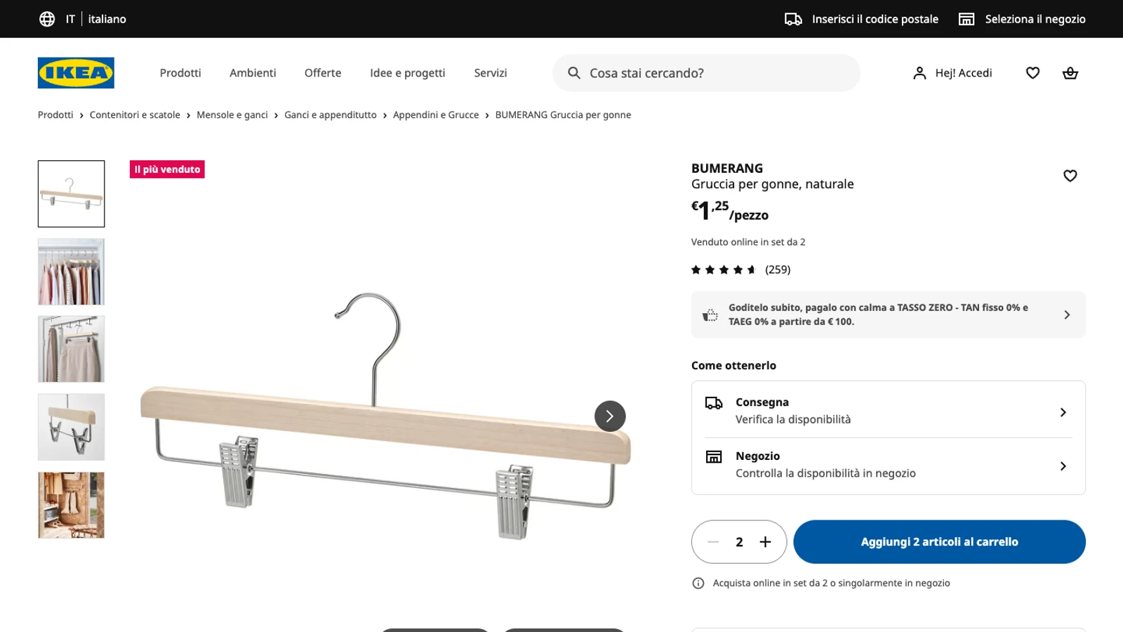 Pagina prodotto IKEA Italia della gruccia per gonne BUMERANG, prezzo 1,25 euro al pezzo