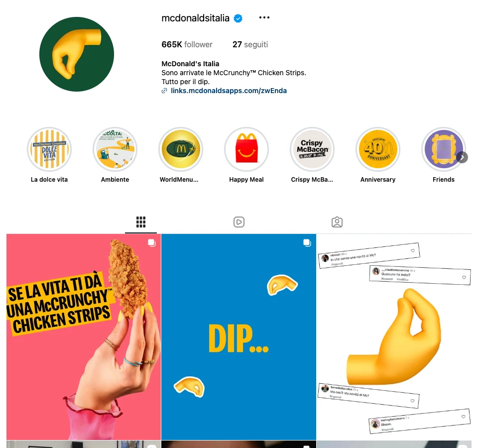Profilo Instagram di McDonald's Italia durante il lancio delle McCrunchy Chicken Strips, con la manina del dip come foto profilo e la bio Tutto per il dip