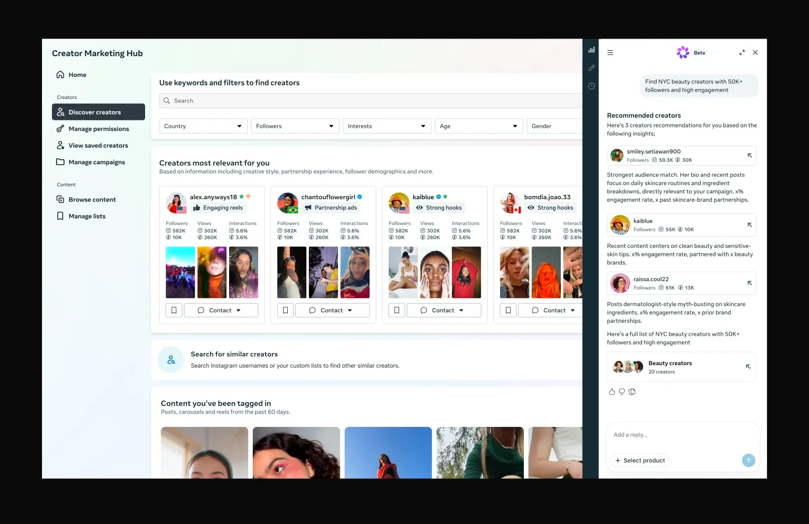 Interfaccia del Creator Marketing Hub di Meta con ricerca dei creator per filtri e assistente AI che suggerisce profili
