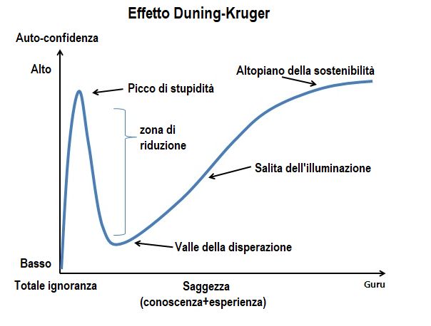Grafico effetto Dunning-Kruger: auto-valutazione vs performance reale per quartile