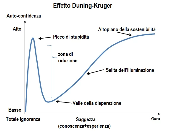 Grafico effetto Dunning-Kruger: auto-valutazione vs performance reale per quartile