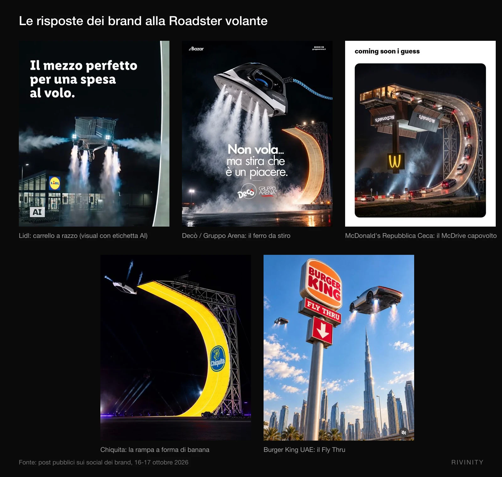 Le risposte dei brand alla Tesla Roadster volante: Lidl, Decò, McDonald's, Chiquita e Burger King