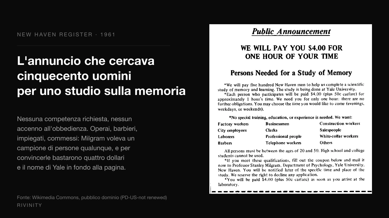 L'annuncio del 1961 sul New Haven Register con cui Milgram reclutò i partecipanti all'esperimento sull'obbedienza all'autorità