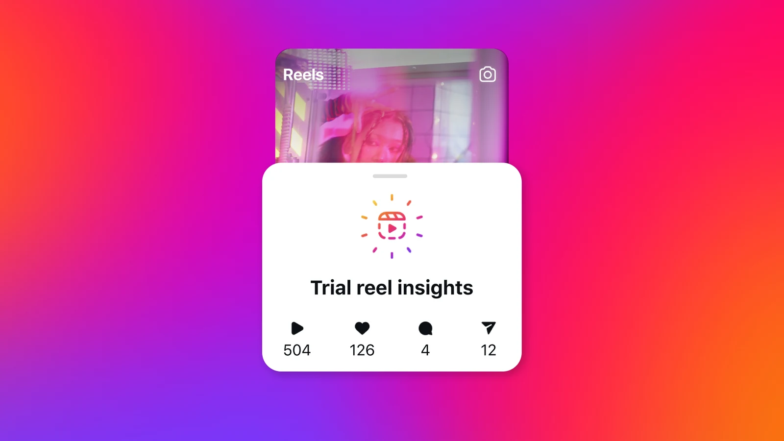 Pannello delle statistiche di un trial reel su Instagram con visualizzazioni, like, commenti e condivisioni